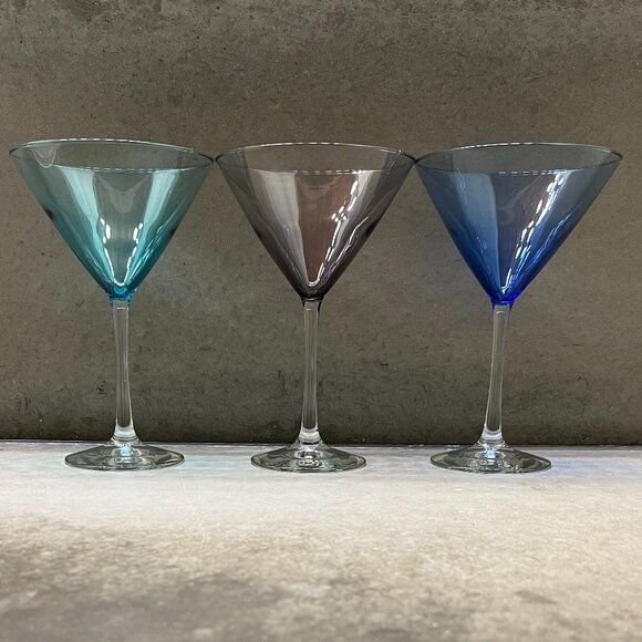 Set of 3 Martini/Cocktail Glasses: 1 Teal, 1 Smoky, 1 Blue, 5" x 7-1/2" - Picture 1 of 9